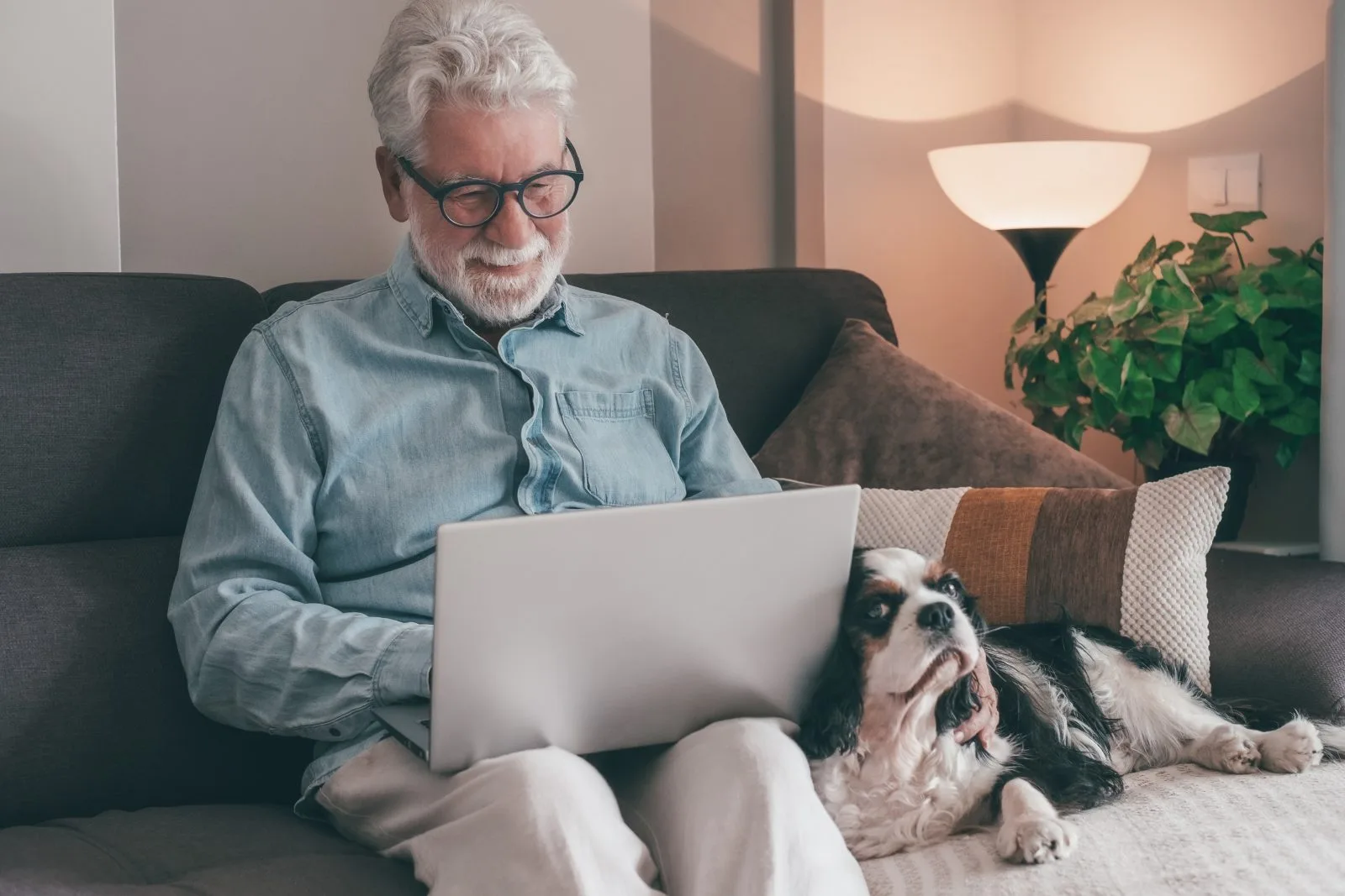 Older man on a laptop at home with his dog – online psychiatry in Los Angeles, CA